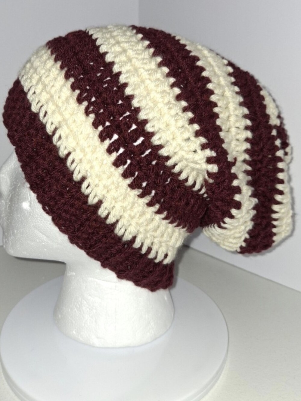Beanie Slouchy Cap XL Wine And Cream Striped Crocheted Handmade.